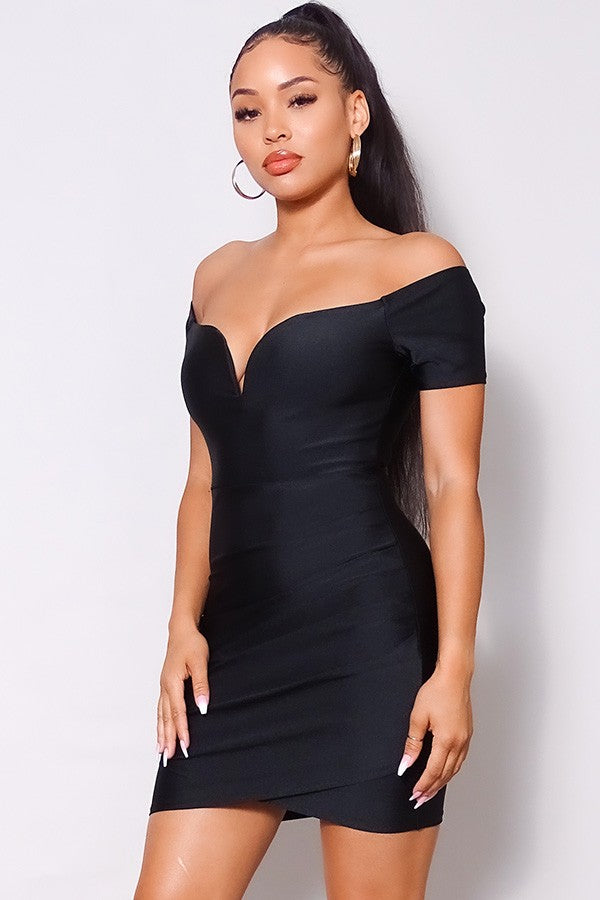 Off Shoulder V Front Gathered Bodycon Mini Dress