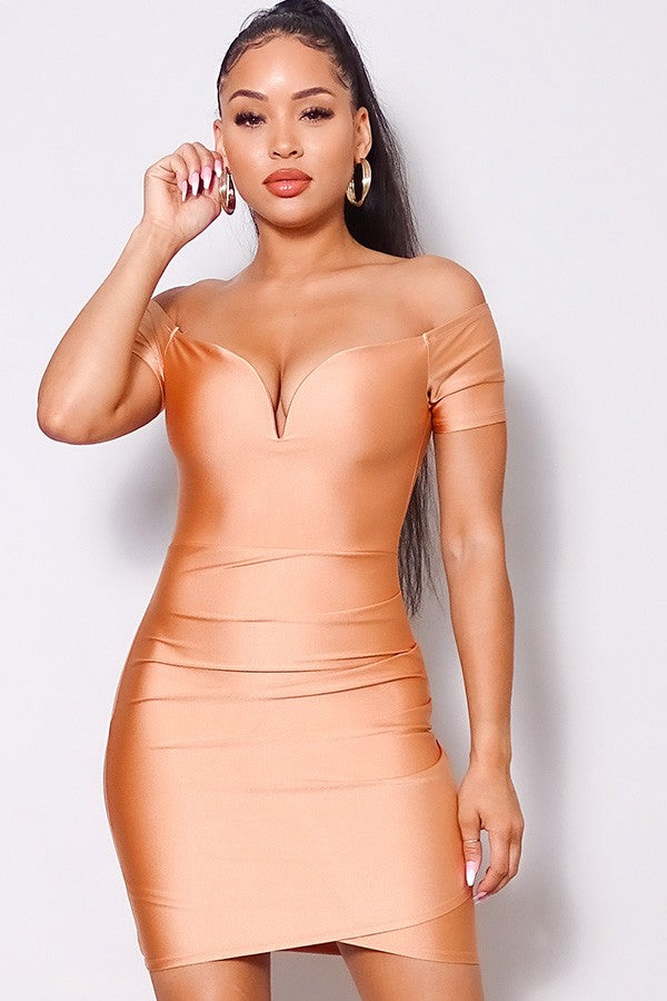 Off Shoulder V Front Gathered Bodycon Mini Dress