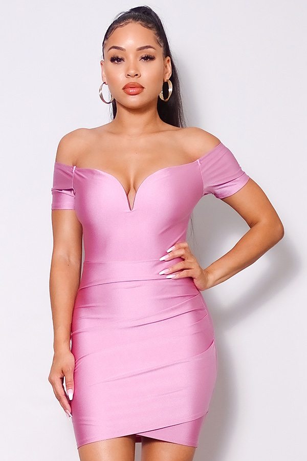 Off Shoulder V Front Gathered Bodycon Mini Dress