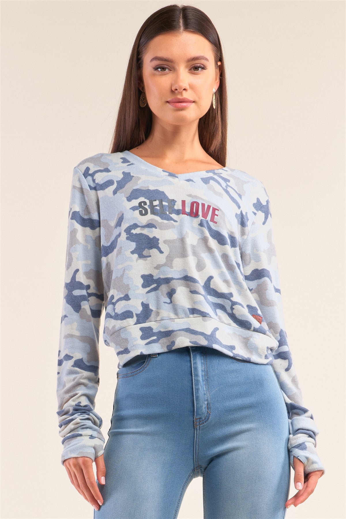Camo Blue Long Sleeve V-neck "self Love" Comfy Top