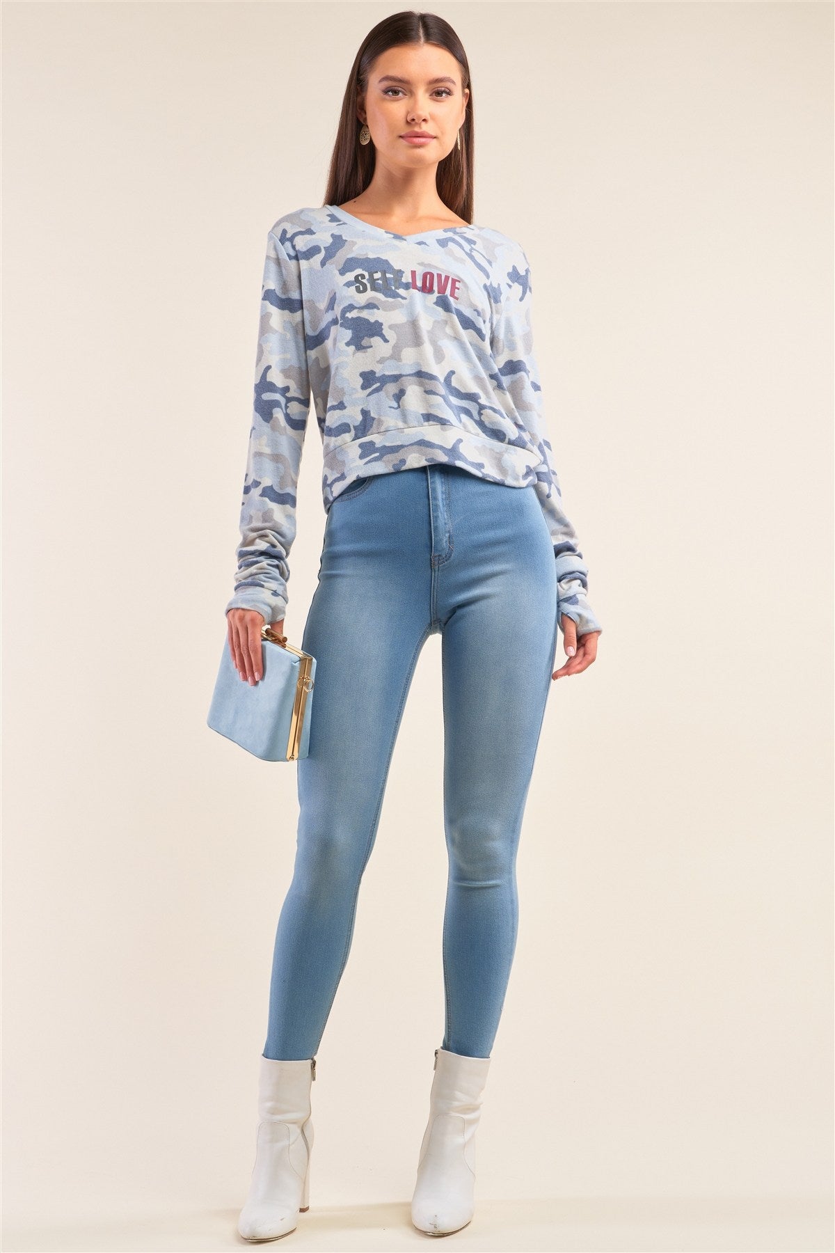 Camo Blue Long Sleeve V-neck "self Love" Comfy Top