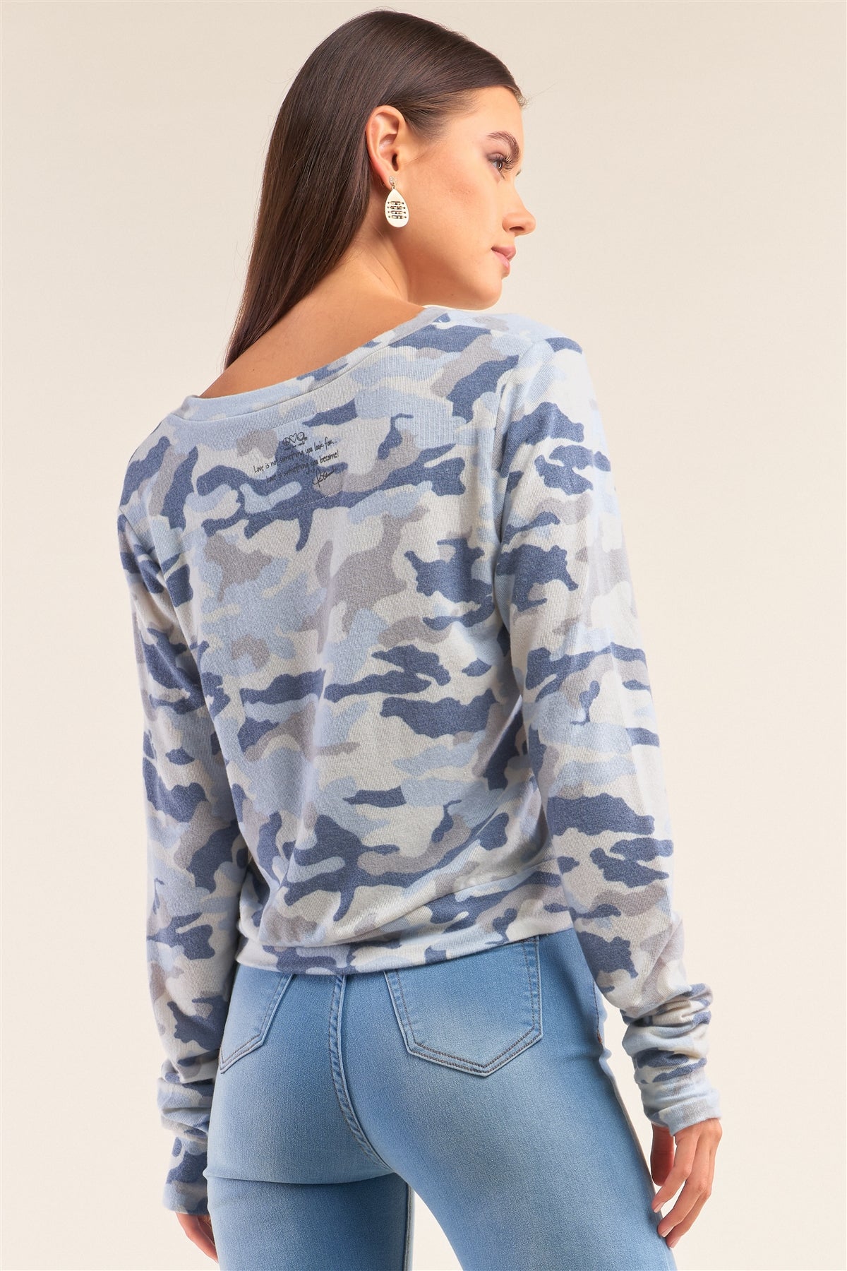 Camo Blue Long Sleeve V-neck "self Love" Comfy Top