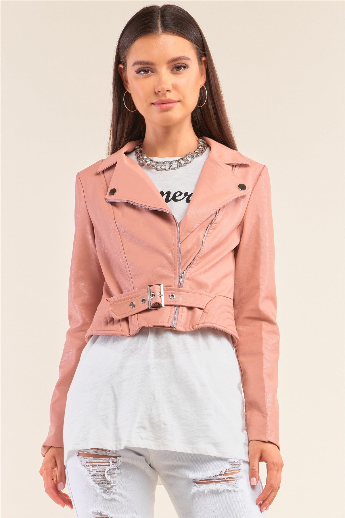 Mauve Oblique Zipper Cropped Vegan Leather Jacket