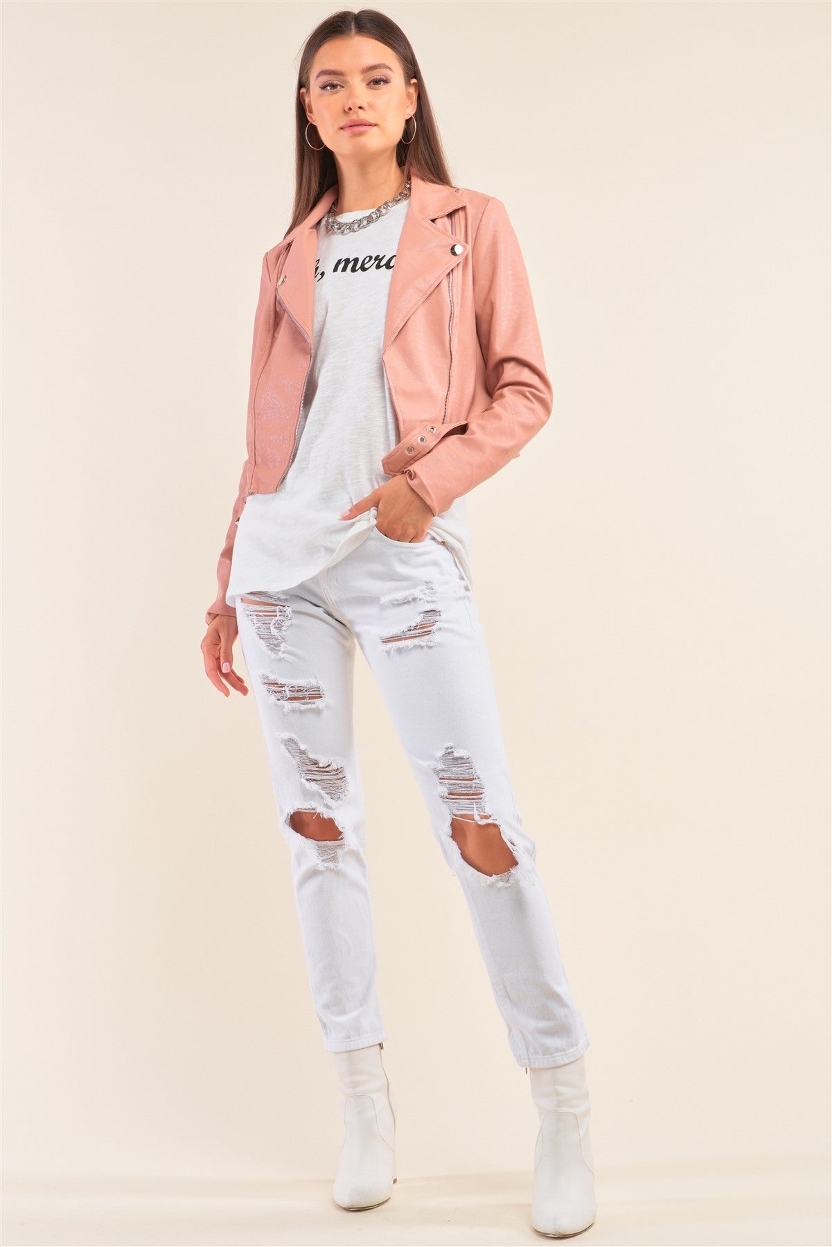 Mauve Oblique Zipper Cropped Vegan Leather Jacket