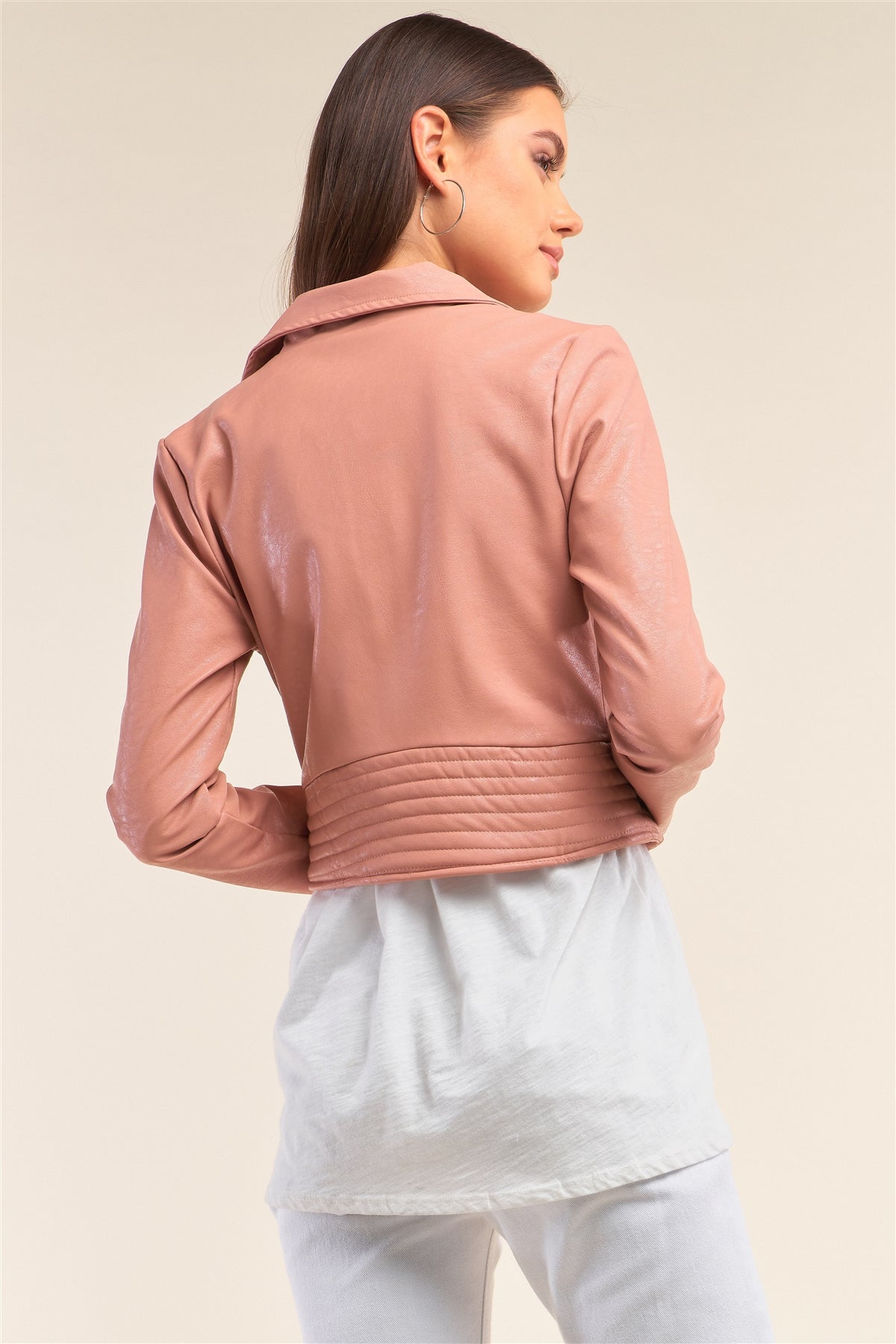 Mauve Oblique Zipper Cropped Vegan Leather Jacket