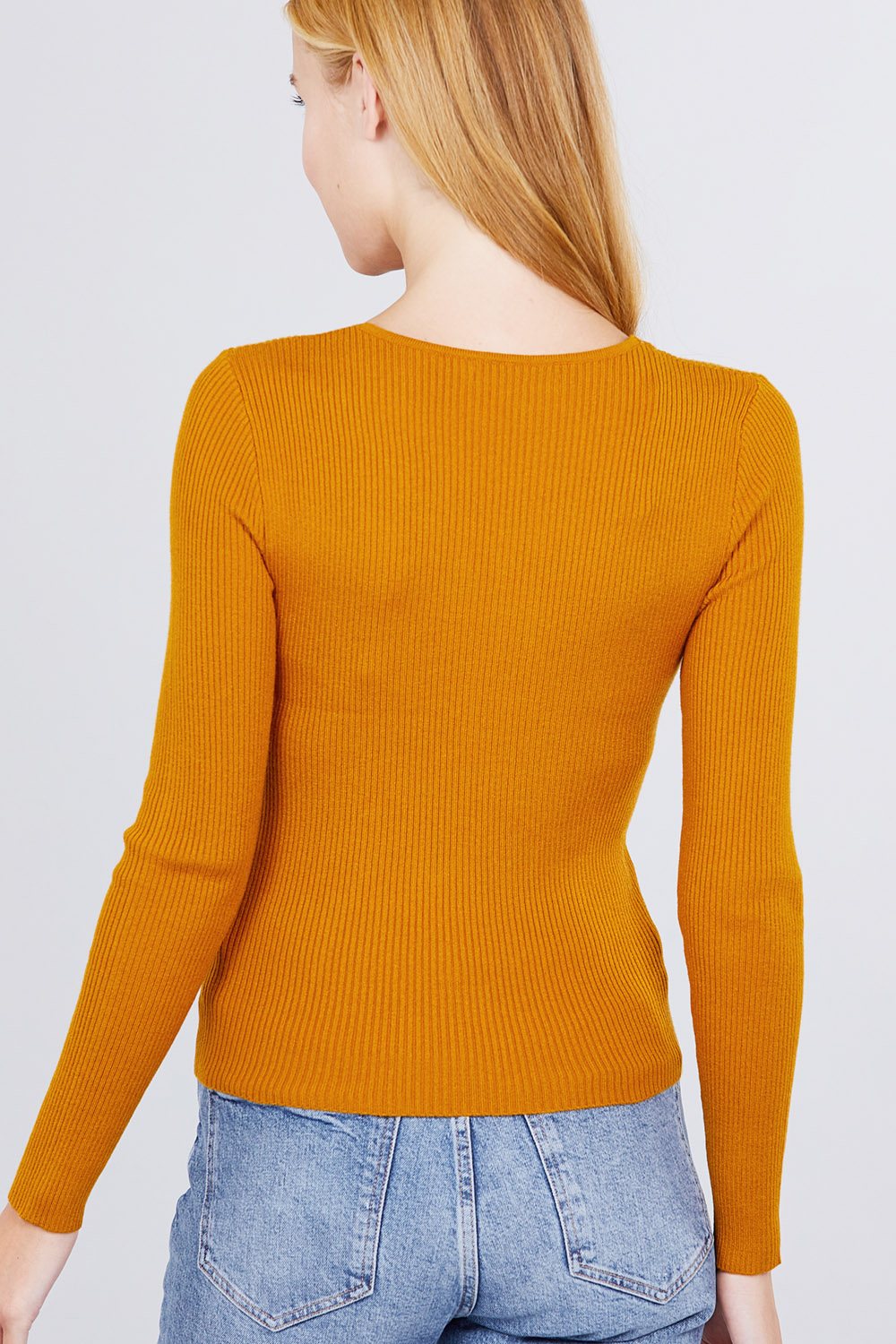 Long Sleeve V-neck Front With Shirring Tie Detail Rib Sweater Top