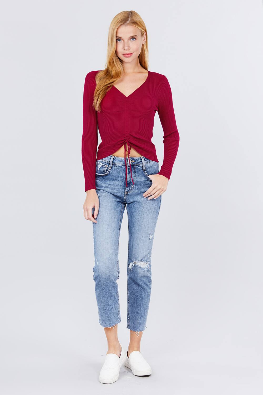 Long Sleeve V-neck Front With Shirring Tie Detail Rib Sweater Top