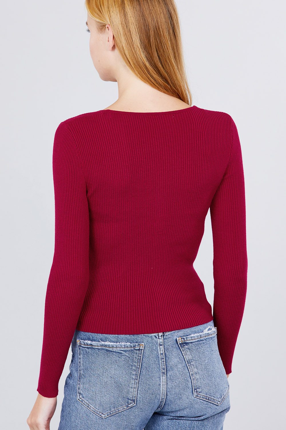 Long Sleeve V-neck Front With Shirring Tie Detail Rib Sweater Top
