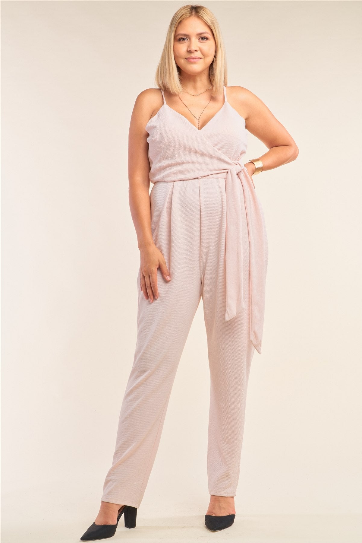 Plus Size Stone Blush Pink Sleeveless Self-tie Wrap Detail Deep Plunge V-neck Jumpsuit