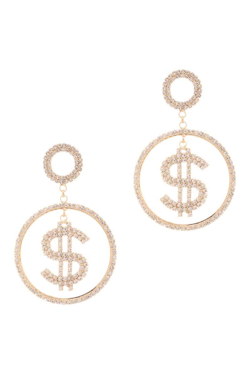 Rhinestone Dollar Sign Round Dangle Earring