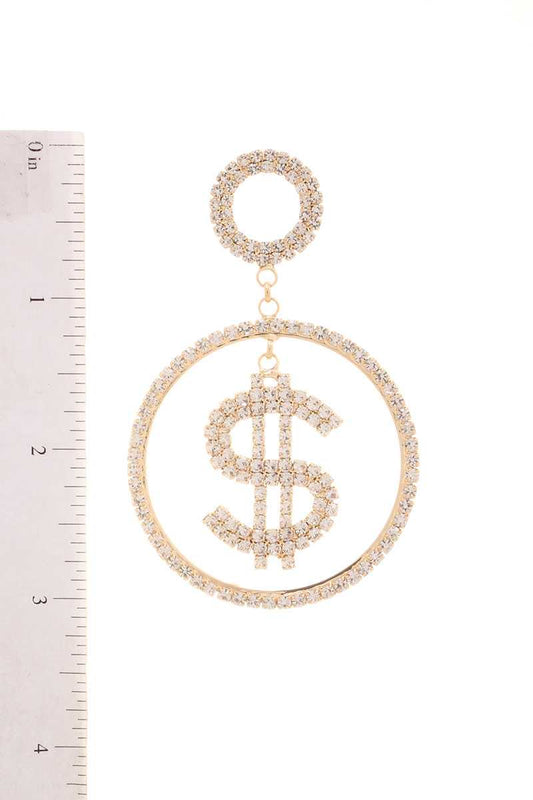 Rhinestone Dollar Sign Round Dangle Earring