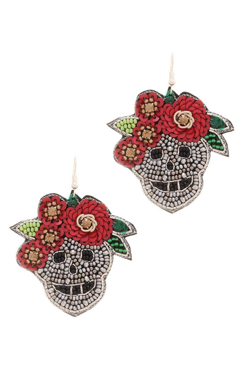 Day Of The Dead Seed Beaded Skull Flower Hook Earring