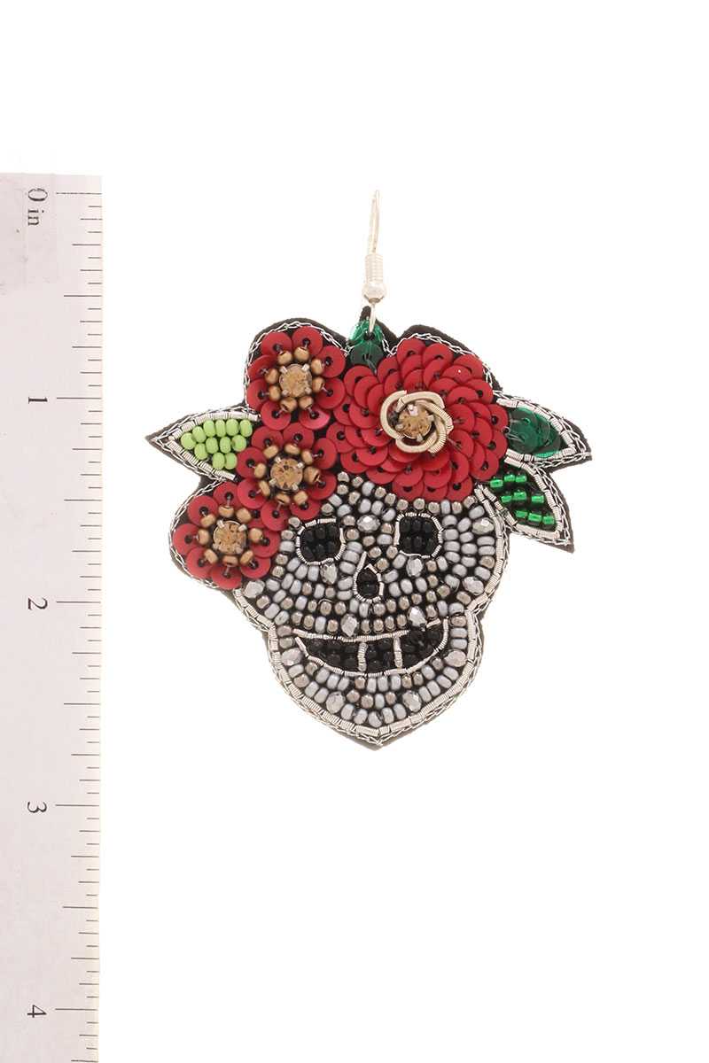 Day Of The Dead Seed Beaded Skull Flower Hook Earring