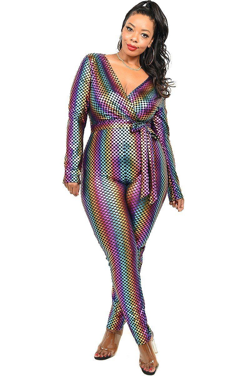 Plus Sequin Striped Surplice Jumpsuit