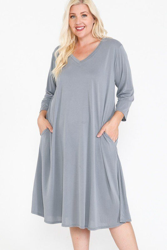 V Neck Hidden Pocket Swing Dress