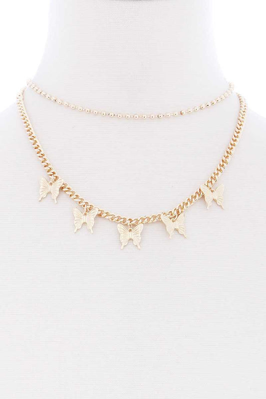 2 Layered Metal Butterfly Charm Necklace