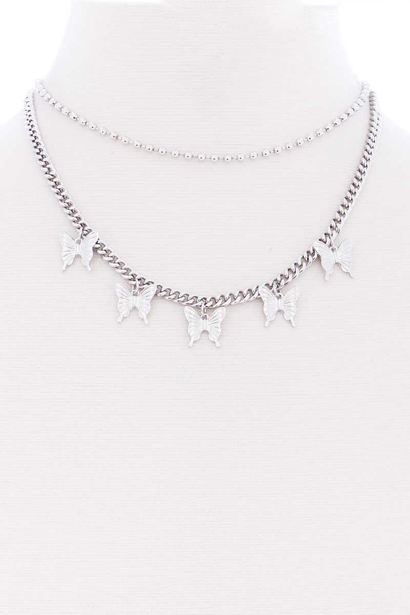 2 Layered Metal Butterfly Charm Necklace