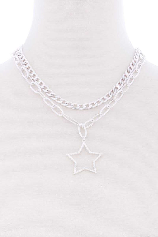 Chunky 2 Layered Chain Star Pendant Metal Necklace