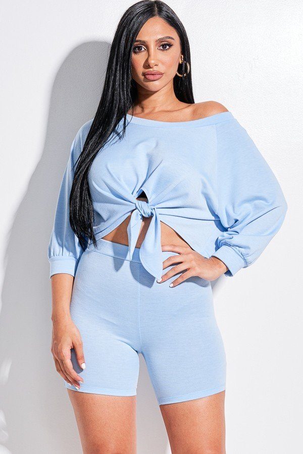 Solid French Terry Tie Front Off The Shoulder Slouchy Top And Shorts Two Piece Set