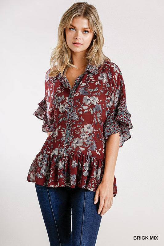 Sheer Floral And Animal Print Button Front Detail Top With Layered Bell Sleeves And Ruffle Hem