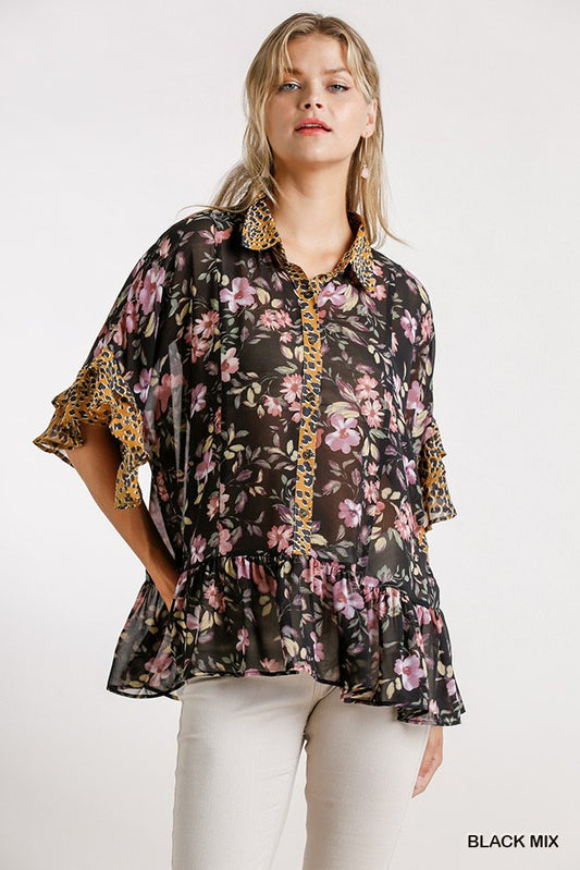Sheer Floral And Animal Print Button Front Detail Top With Layered Bell Sleeves And Ruffle Hem