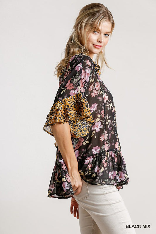 Sheer Floral And Animal Print Button Front Detail Top With Layered Bell Sleeves And Ruffle Hem