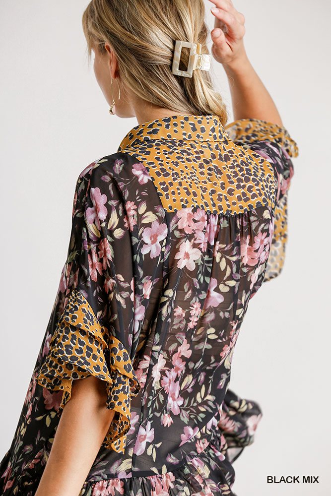 Sheer Floral And Animal Print Button Front Detail Top With Layered Bell Sleeves And Ruffle Hem
