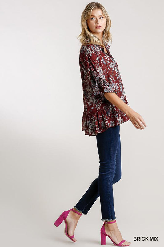 Sheer Floral And Animal Print Button Front Detail Top With Layered Bell Sleeves And Ruffle Hem