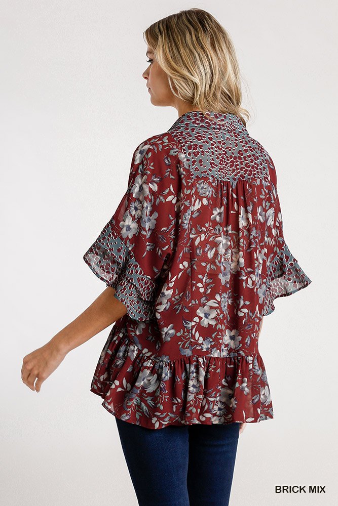 Sheer Floral And Animal Print Button Front Detail Top With Layered Bell Sleeves And Ruffle Hem
