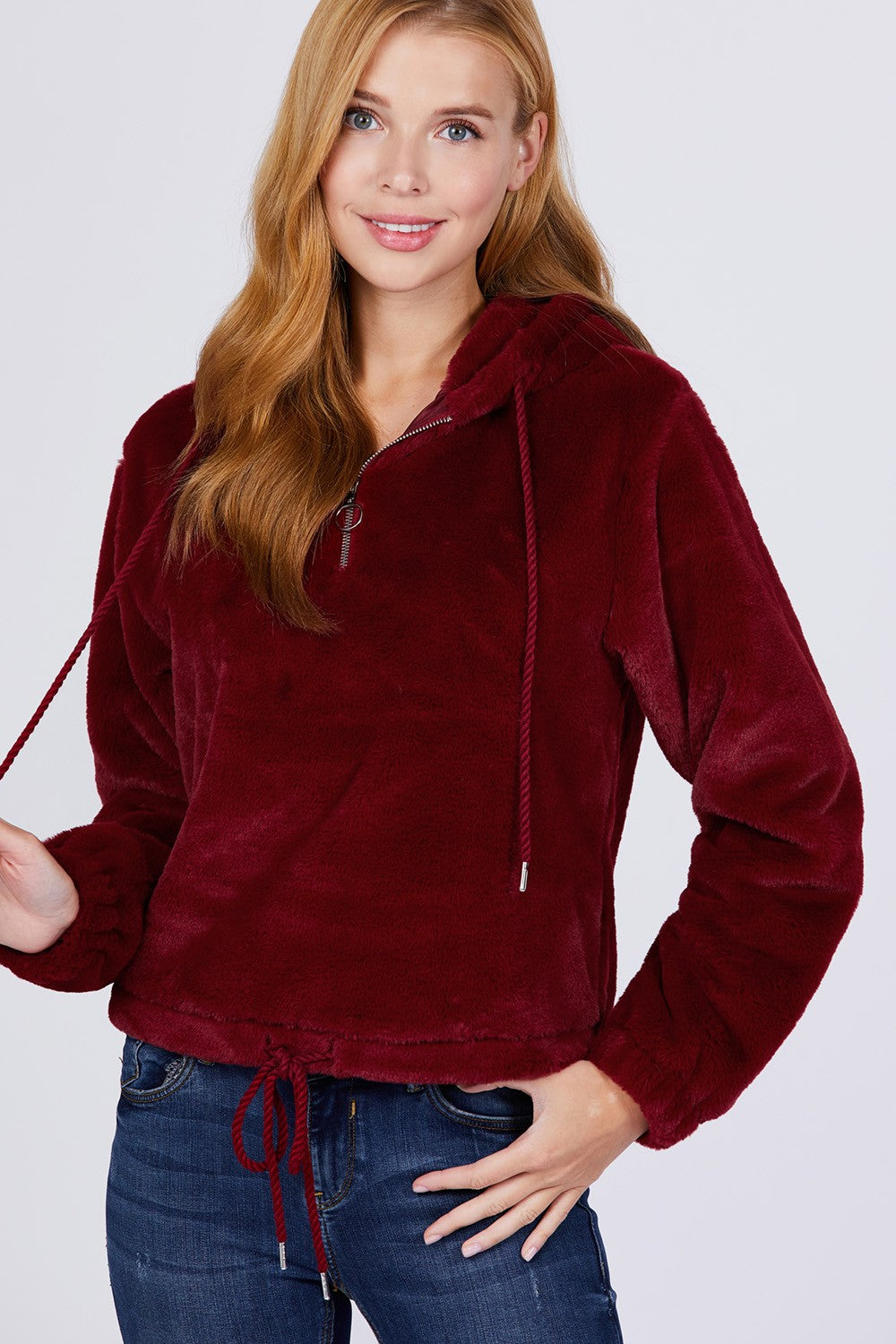 Zipper Detail Faux Fur Hoodie