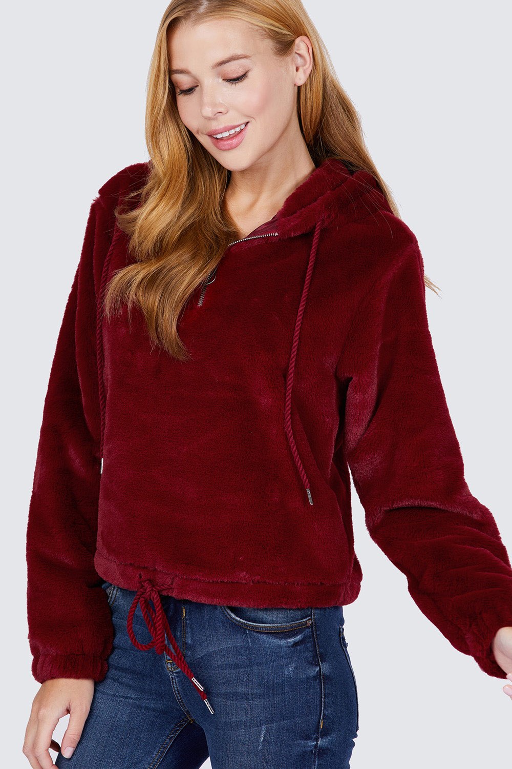 Zipper Detail Faux Fur Hoodie