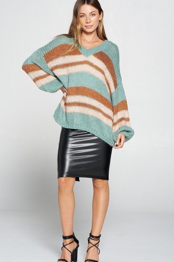 V-neck Cozy Thick Knit Stripe Pullover Sweater