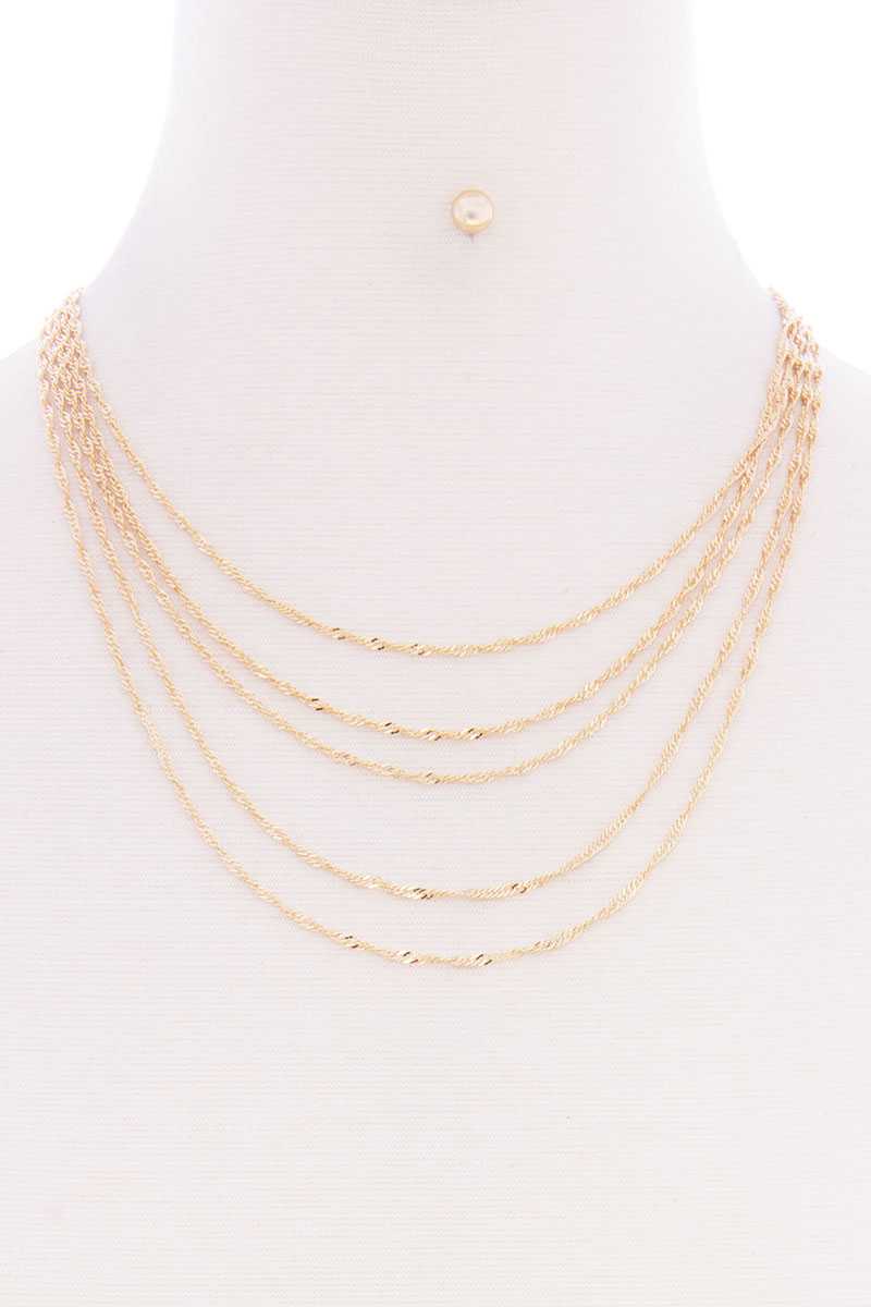 5 Layered Twist Chain Multi Metal Necklace Earring Set