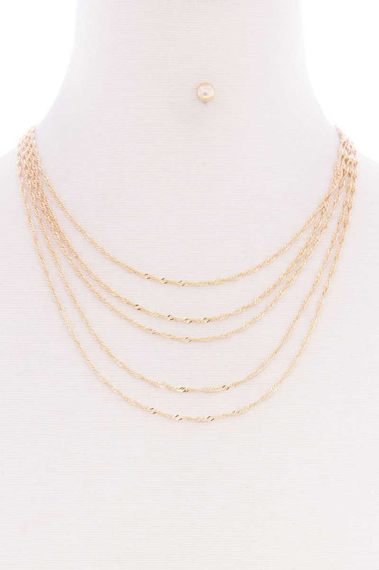 5 Layered Twist Chain Multi Metal Necklace Earring Set