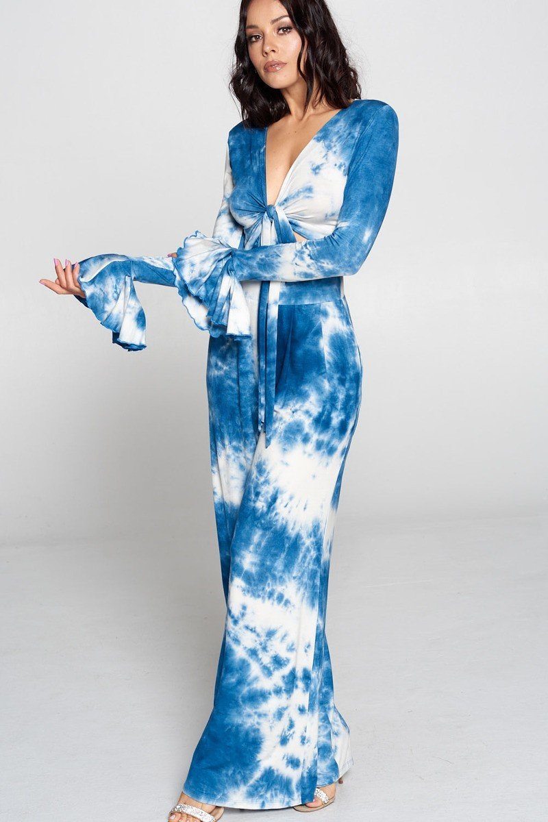 Tie Dye Fronttie Top And Wide Leg Pants Set