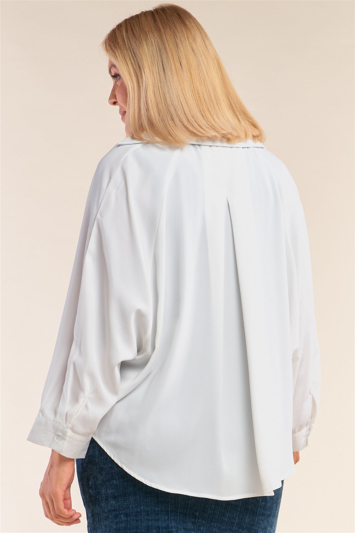 Plus Size White Open Front Relaxed Fit Self-tie Bottom Hem Long Sleeve Collared Shirt Top