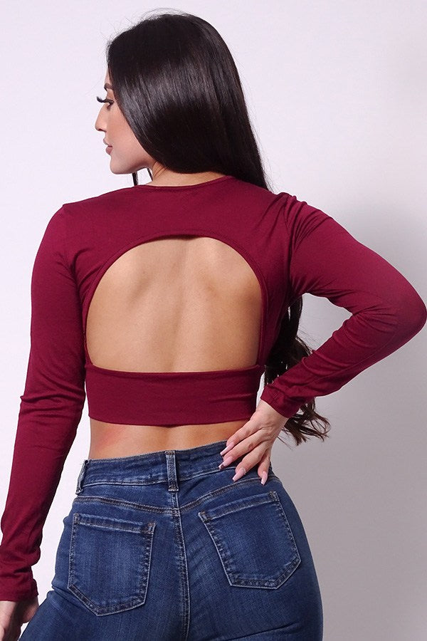 Sexy Long Sleeve Open Back Basic Crop Top