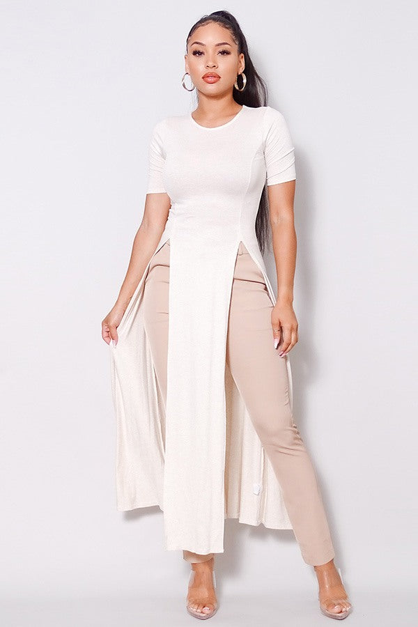 Elbow Sleeve Maxi Tank Top With Side Slits