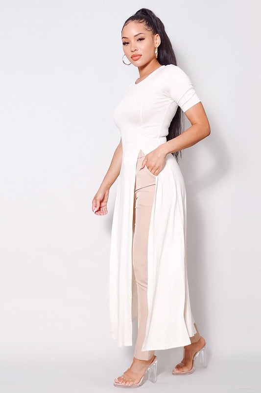 Elbow Sleeve Maxi Tank Top With Side Slits