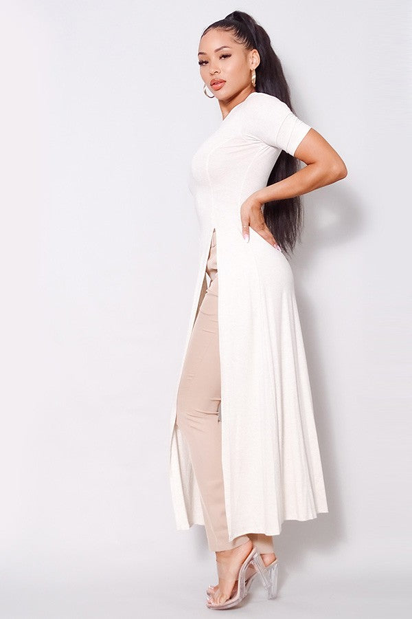 Elbow Sleeve Maxi Tank Top With Side Slits