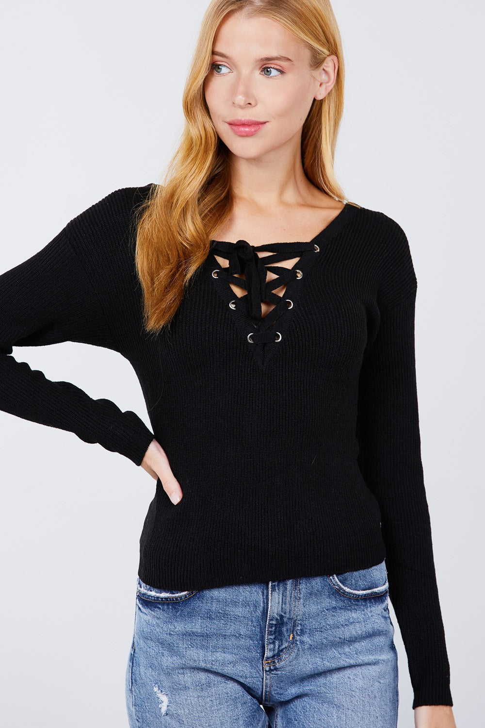 V-neck Eyelet Strap Back Sweater