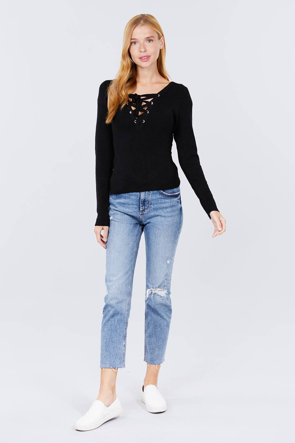 V-neck Eyelet Strap Back Sweater