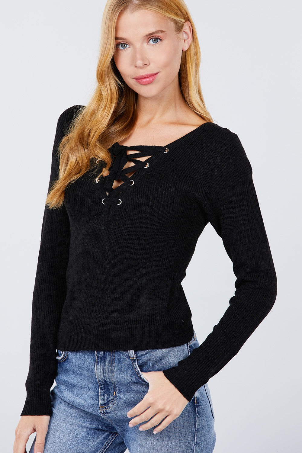 V-neck Eyelet Strap Back Sweater