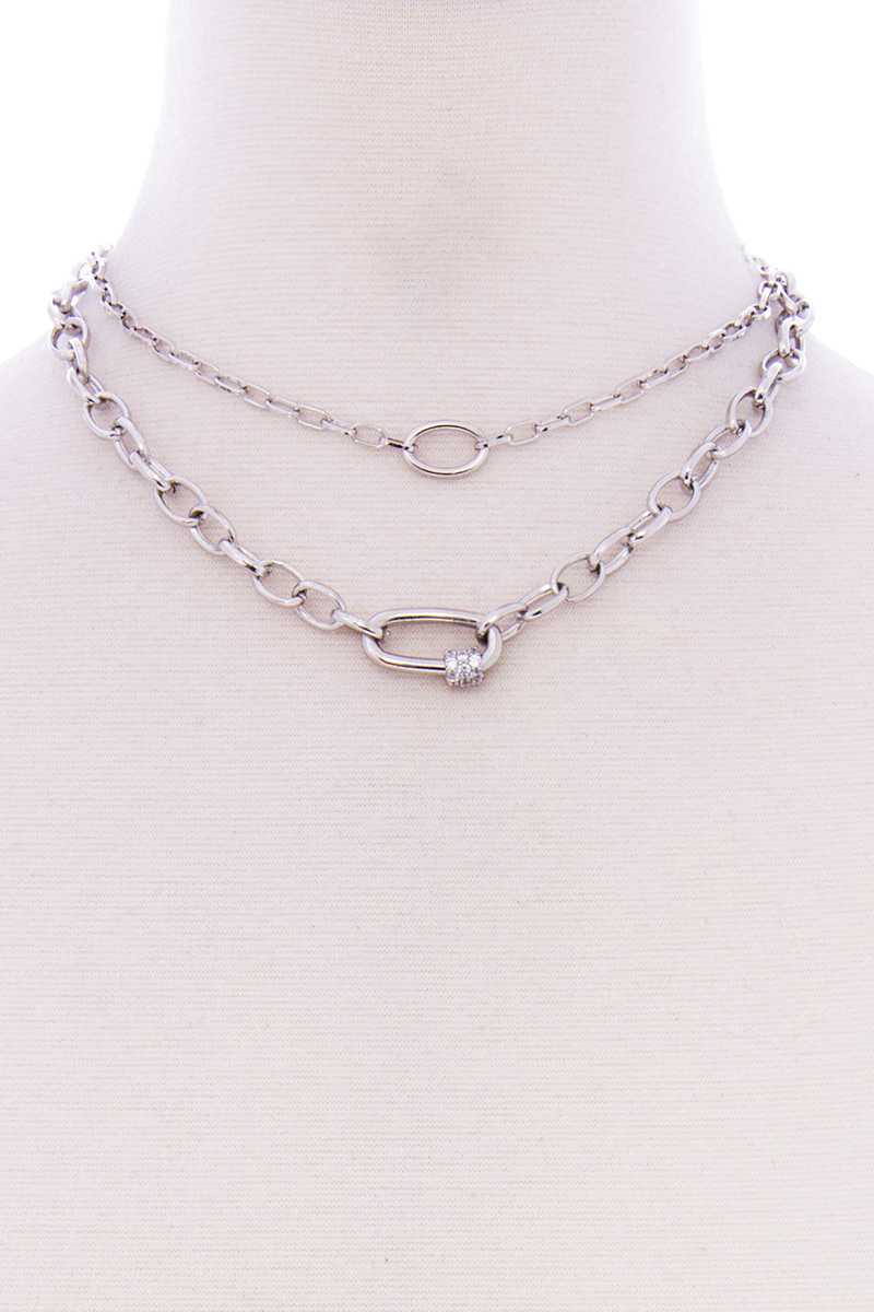 2 Layered Metal Oval Stone Point Chain Necklace