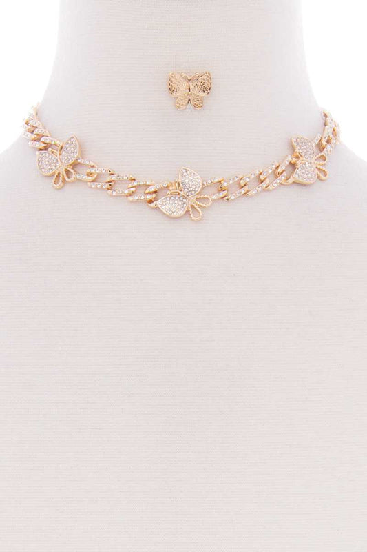 Butterfly Metal Stone Stud Link Chain Necklace Earring Set