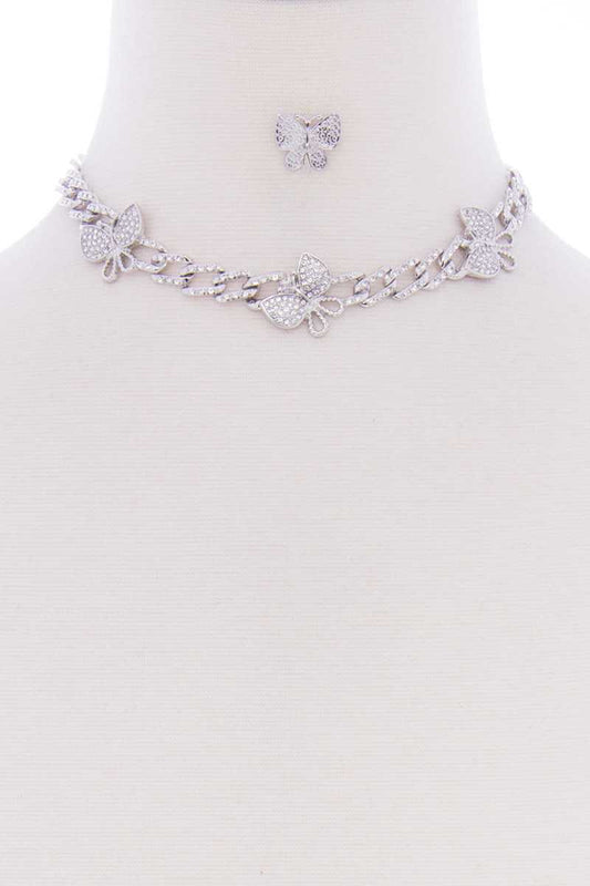 Butterfly Metal Stone Stud Link Chain Necklace Earring Set