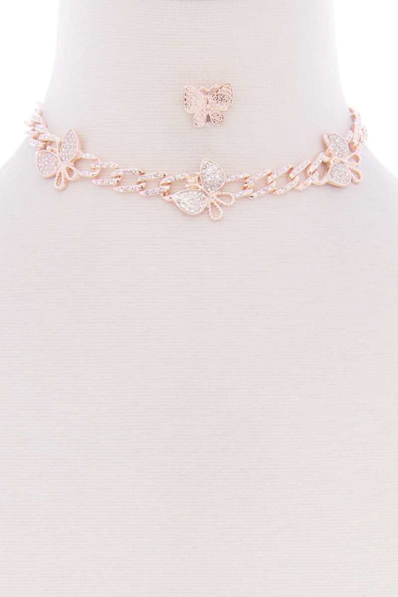 Butterfly Metal Stone Stud Link Chain Necklace Earring Set