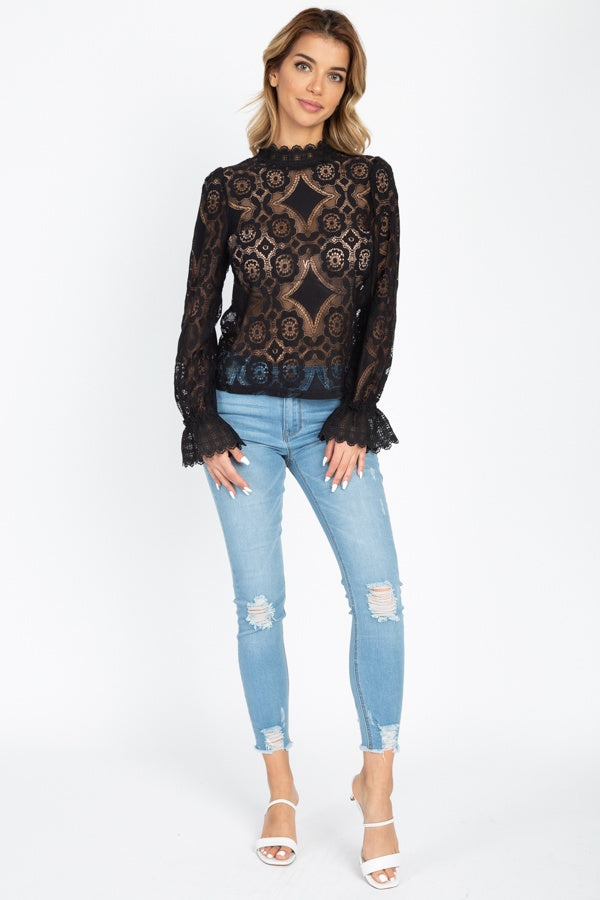 Sheer Floral & Geo Crochet Lace Top