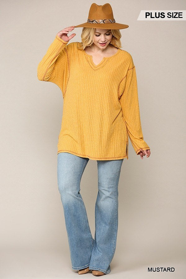 Two-tone Ribbed Tunic Top With Side Slits