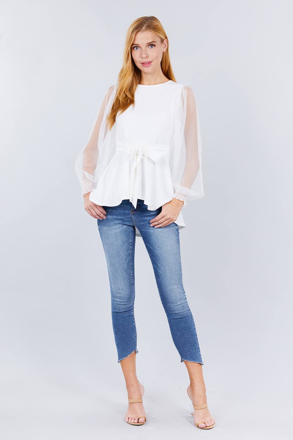 Mesh Puff Sleeve Peplum Top